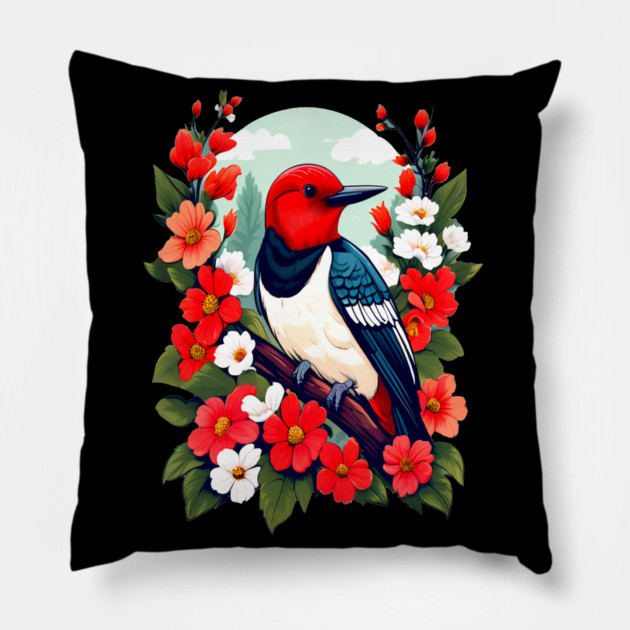 Cute Red Headed Woodpecker Surrounded by Vibrant Flowers Pillow by BirdsnStuff