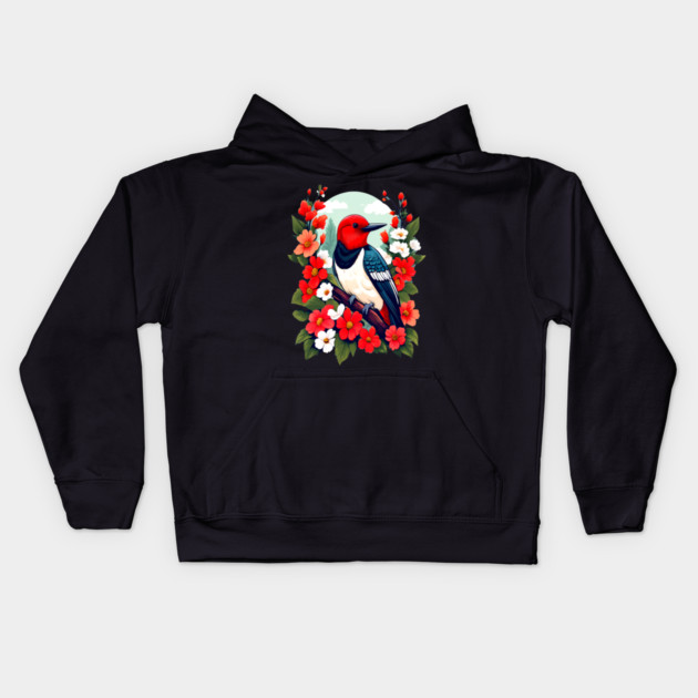Cute Red Headed Woodpecker Surrounded by Vibrant Flowers Kids Hoodie by BirdsnStuff