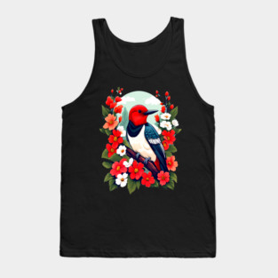 Cute Red Headed Woodpecker Surrounded by Vibrant Flowers Tank Top