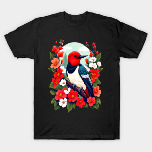 Cute Red Headed Woodpecker Surrounded by Vibrant Flowers T-Shirt