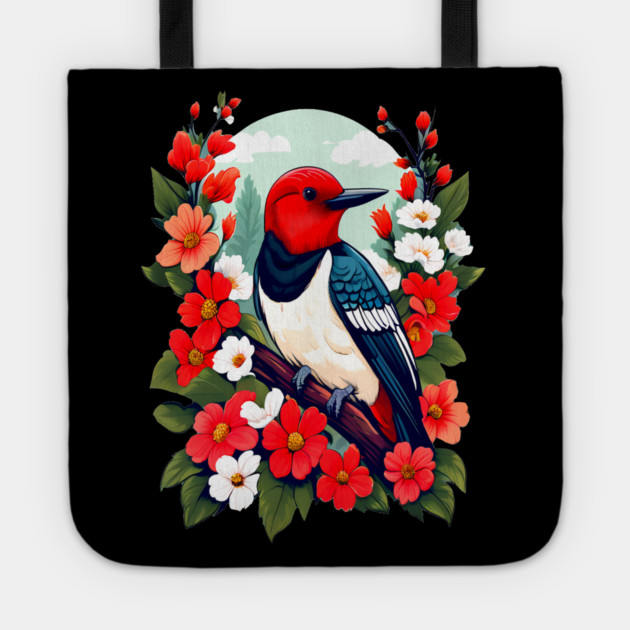 Cute Red Headed Woodpecker Surrounded by Vibrant Flowers Tote by BirdsnStuff