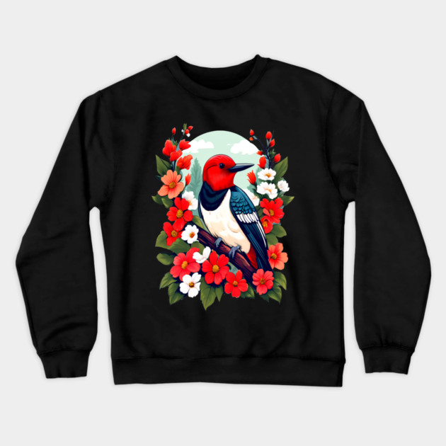 Cute Red Headed Woodpecker Surrounded by Vibrant Flowers Crewneck Sweatshirt by BirdsnStuff