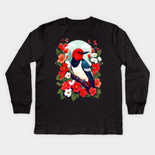 Cute Red Headed Woodpecker Surrounded by Vibrant Flowers Kids Long Sleeve T-Shirt