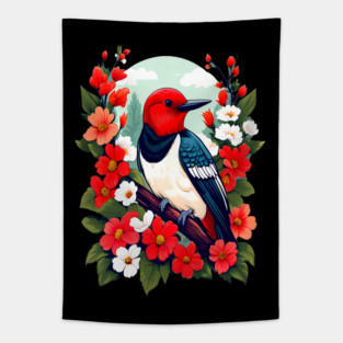 Cute Red Headed Woodpecker Surrounded by Vibrant Flowers Tapestry