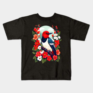 Cute Red Headed Woodpecker Surrounded by Vibrant Flowers Kids T-Shirt