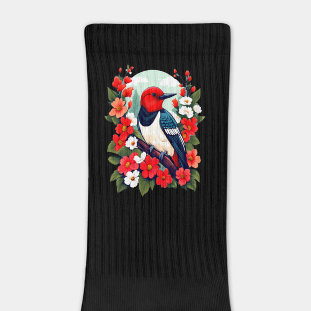 Cute Red Headed Woodpecker Surrounded by Vibrant Flowers by BirdsnStuff