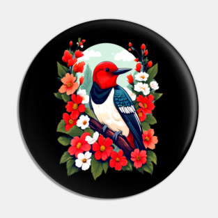 Cute Red Headed Woodpecker Surrounded by Vibrant Flowers Pin