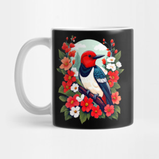 Cute Red Headed Woodpecker Surrounded by Vibrant Flowers Mug