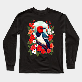 Cute Red Headed Woodpecker Surrounded by Vibrant Flowers Long Sleeve T-Shirt