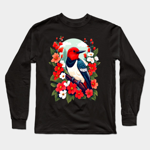 Cute Red Headed Woodpecker Surrounded by Vibrant Flowers Long Sleeve T-Shirt by BirdsnStuff