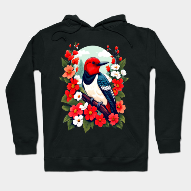 Cute Red Headed Woodpecker Surrounded by Vibrant Flowers Hoodie by BirdsnStuff