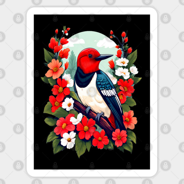Cute Red Headed Woodpecker Surrounded by Vibrant Flowers Sticker by BirdsnStuff
