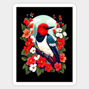 Cute Red Headed Woodpecker Surrounded by Vibrant Flowers Magnet