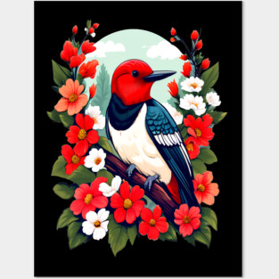 Cute Red Headed Woodpecker Surrounded by Vibrant Flowers Posters and Art