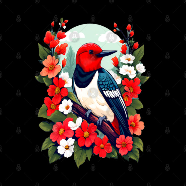 Cute Red Headed Woodpecker Surrounded by Vibrant Flowers by BirdsnStuff