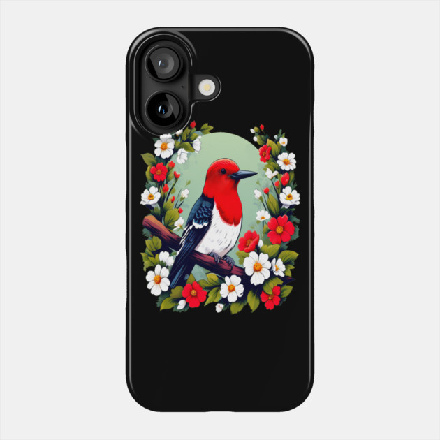 Cute Red Headed Woodpecker Surrounded by Vibrant Flowers Phone Case by BirdsnStuff