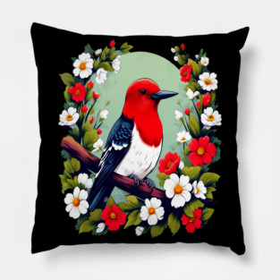 Cute Red Headed Woodpecker Surrounded by Vibrant Flowers Pillow