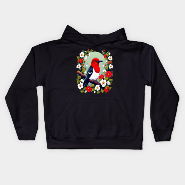 Cute Red Headed Woodpecker Surrounded by Vibrant Flowers Kids Hoodie by BirdsnStuff