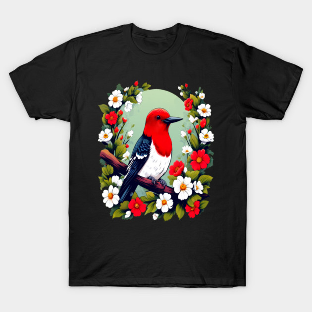 Cute Red Headed Woodpecker Surrounded by Vibrant Flowers T-Shirt by BirdsnStuff