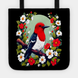 Cute Red Headed Woodpecker Surrounded by Vibrant Flowers Tote