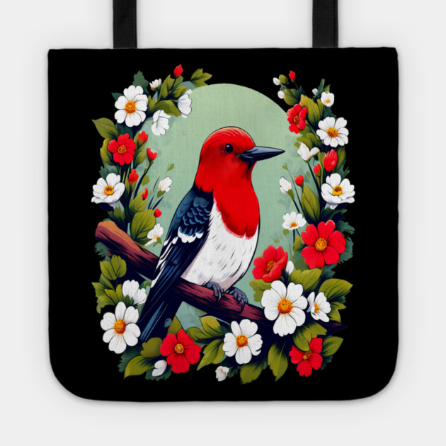 Cute Red Headed Woodpecker Surrounded by Vibrant Flowers Tote by BirdsnStuff