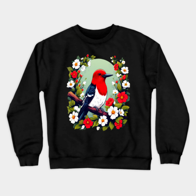 Cute Red Headed Woodpecker Surrounded by Vibrant Flowers Crewneck Sweatshirt by BirdsnStuff