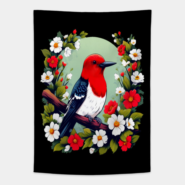 Cute Red Headed Woodpecker Surrounded by Vibrant Flowers Tapestry by BirdsnStuff