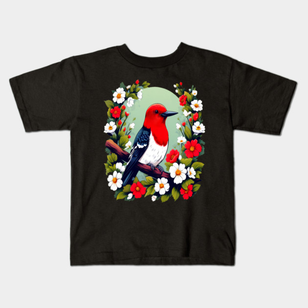 Cute Red Headed Woodpecker Surrounded by Vibrant Flowers Kids T-Shirt by BirdsnStuff