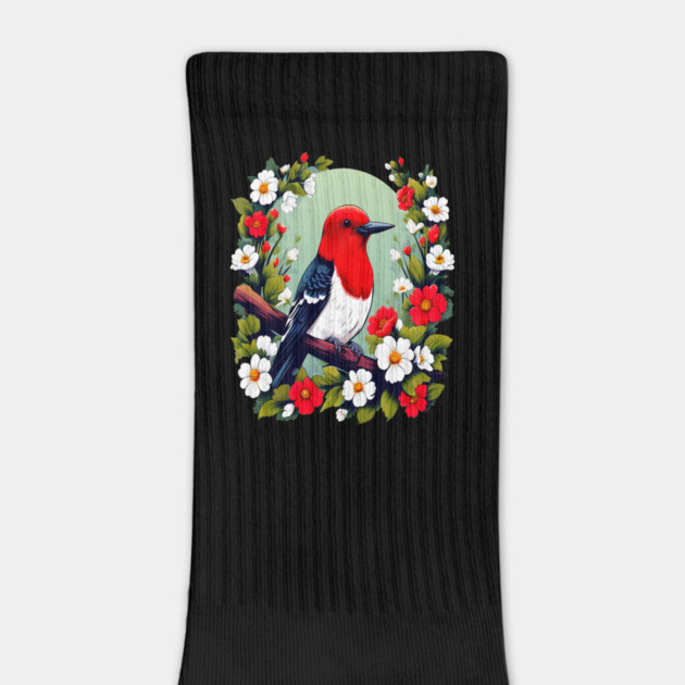 Cute Red Headed Woodpecker Surrounded by Vibrant Flowers by BirdsnStuff