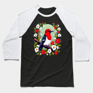 Cute Red Headed Woodpecker Surrounded by Vibrant Flowers Baseball T-Shirt