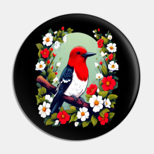 Cute Red Headed Woodpecker Surrounded by Vibrant Flowers Pin