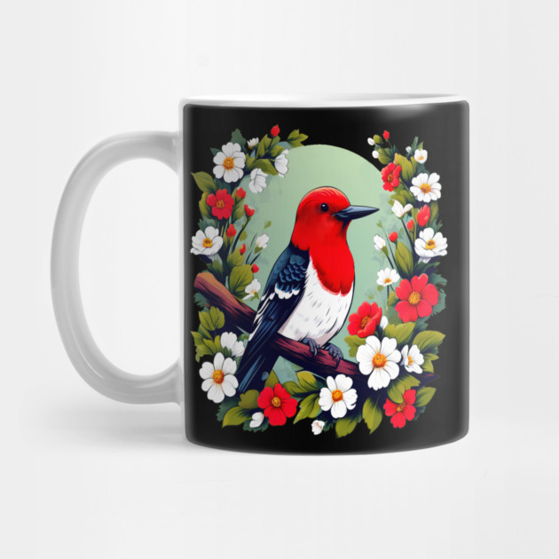 Cute Red Headed Woodpecker Surrounded by Vibrant Flowers by BirdsnStuff