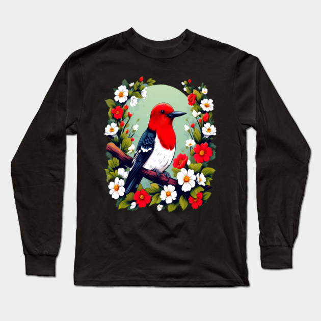 Cute Red Headed Woodpecker Surrounded by Vibrant Flowers Long Sleeve T-Shirt by BirdsnStuff