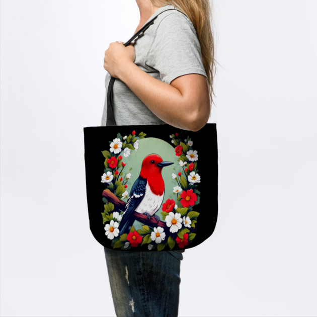 Cute Red Headed Woodpecker Surrounded by Vibrant Flowers by BirdsnStuff