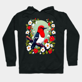 Cute Red Headed Woodpecker Surrounded by Vibrant Flowers Hoodie