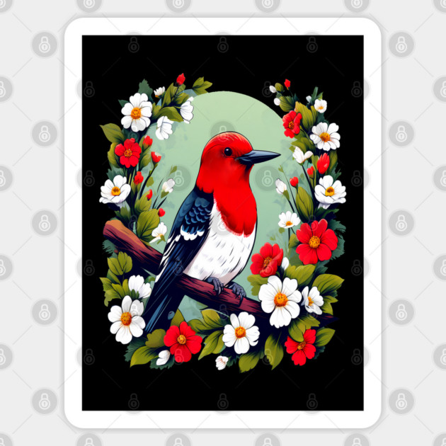 Cute Red Headed Woodpecker Surrounded by Vibrant Flowers Sticker by BirdsnStuff
