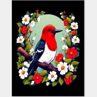 Cute Red Headed Woodpecker Surrounded by Vibrant Flowers Posters and Art