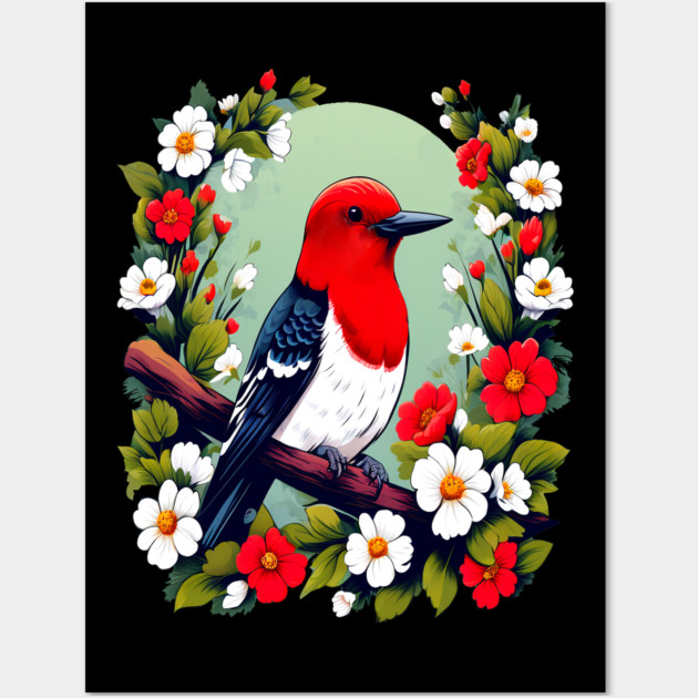 Cute Red Headed Woodpecker Surrounded by Vibrant Flowers Wall Art by BirdsnStuff