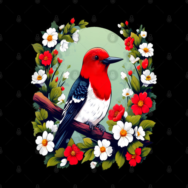 Cute Red Headed Woodpecker Surrounded by Vibrant Flowers by BirdsnStuff