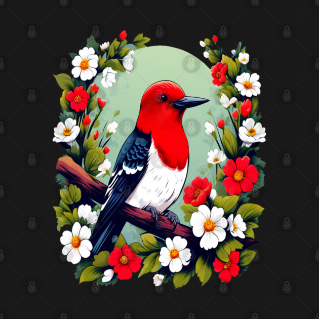 Cute Red Headed Woodpecker Surrounded by Vibrant Flowers by BirdsnStuff