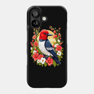 Cute Red Headed Woodpecker Surrounded by Vibrant Flowers Phone Case