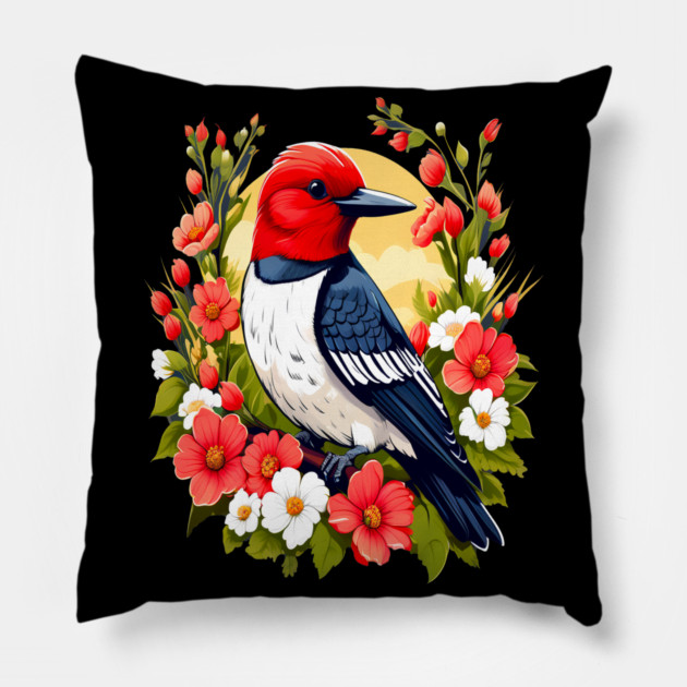 Cute Red Headed Woodpecker Surrounded by Vibrant Flowers Pillow by BirdsnStuff