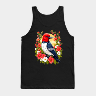 Cute Red Headed Woodpecker Surrounded by Vibrant Flowers Tank Top
