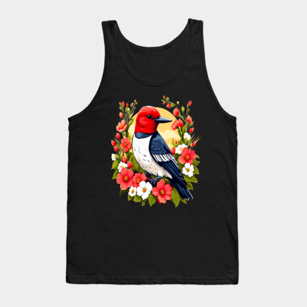 Cute Red Headed Woodpecker Surrounded by Vibrant Flowers Tank Top by BirdsnStuff