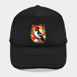 Cute Red Headed Woodpecker Surrounded by Vibrant Flowers Hat