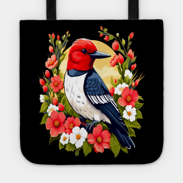 Cute Red Headed Woodpecker Surrounded by Vibrant Flowers Tote by BirdsnStuff