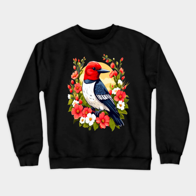 Cute Red Headed Woodpecker Surrounded by Vibrant Flowers Crewneck Sweatshirt by BirdsnStuff