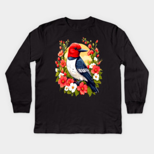Cute Red Headed Woodpecker Surrounded by Vibrant Flowers Kids Long Sleeve T-Shirt