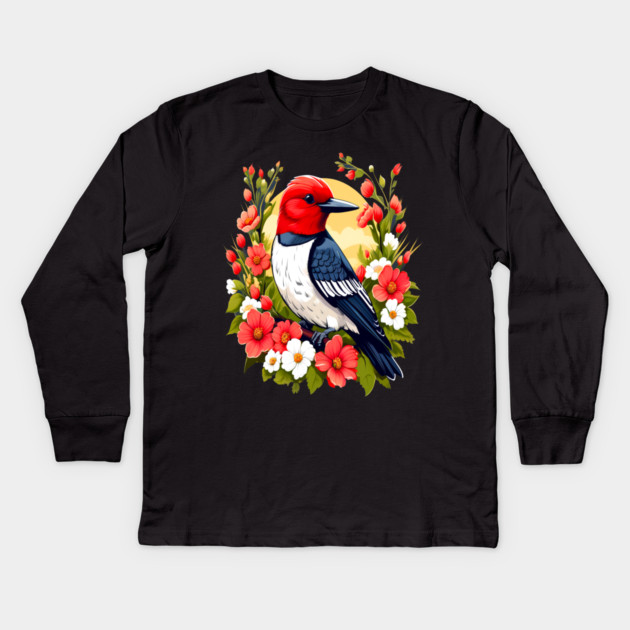 Cute Red Headed Woodpecker Surrounded by Vibrant Flowers Kids Long Sleeve T-Shirt by BirdsnStuff