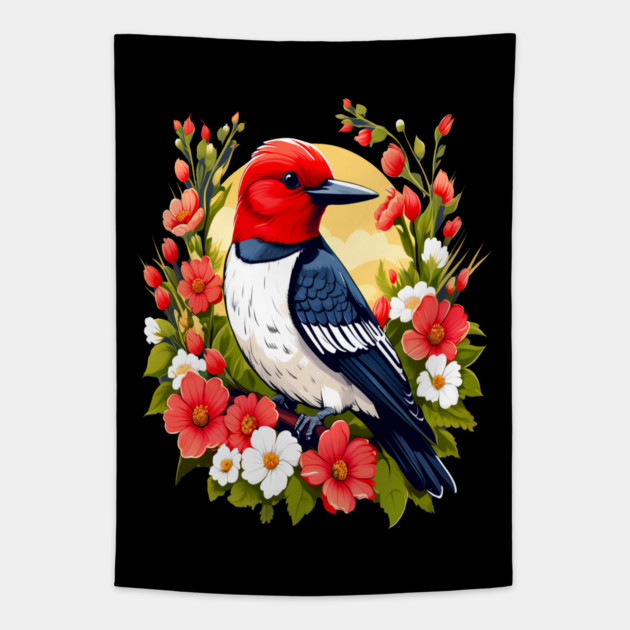 Cute Red Headed Woodpecker Surrounded by Vibrant Flowers Tapestry by BirdsnStuff